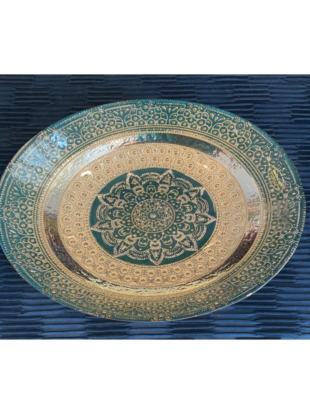 Handmade Turkish Decorative Plate With Gold & Green Mandala Design - 14" oblong